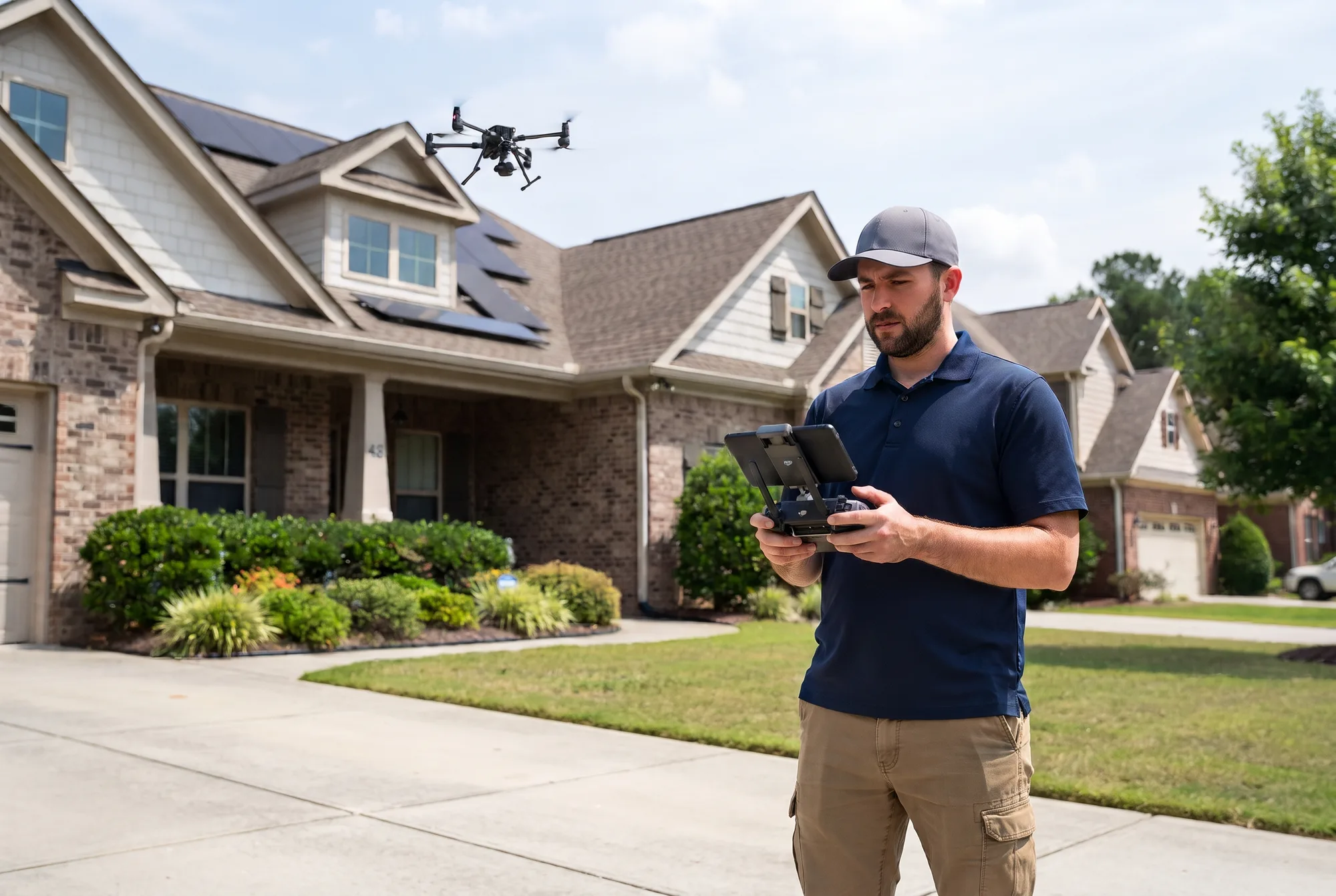 Solar engineer using a drone controller to survey a home with rooftop panels