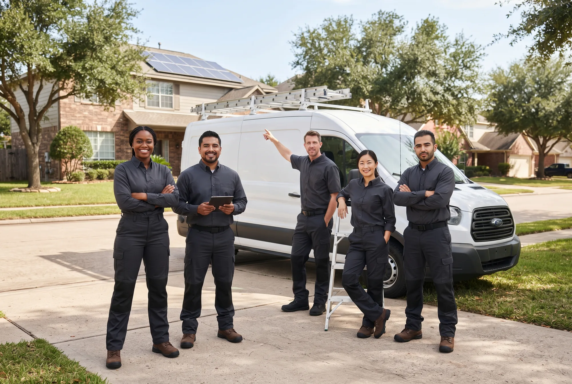 Professional solar team standing together beside a work van