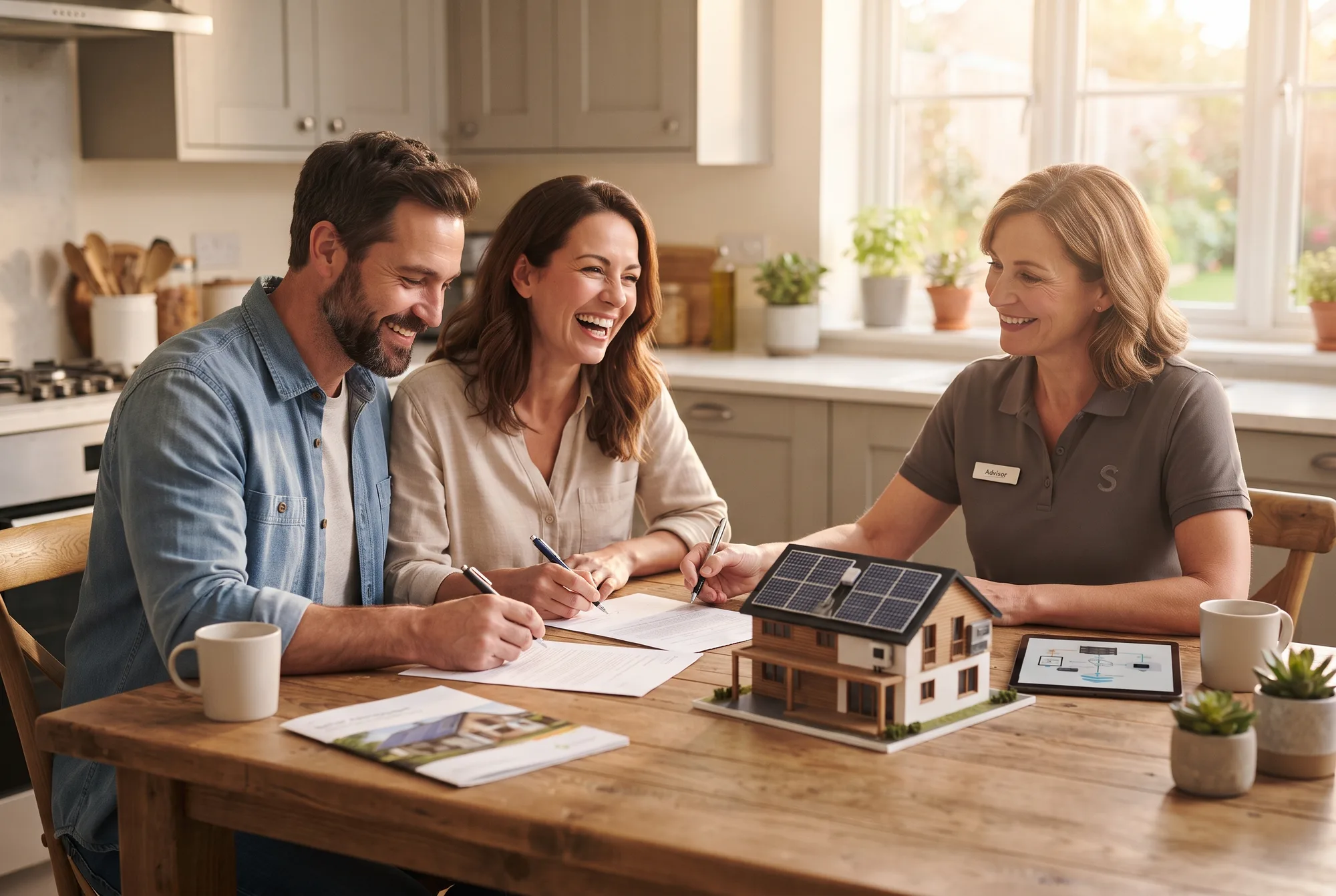 Homeowners reviewing project documents with a solar advisor at their kitchen table