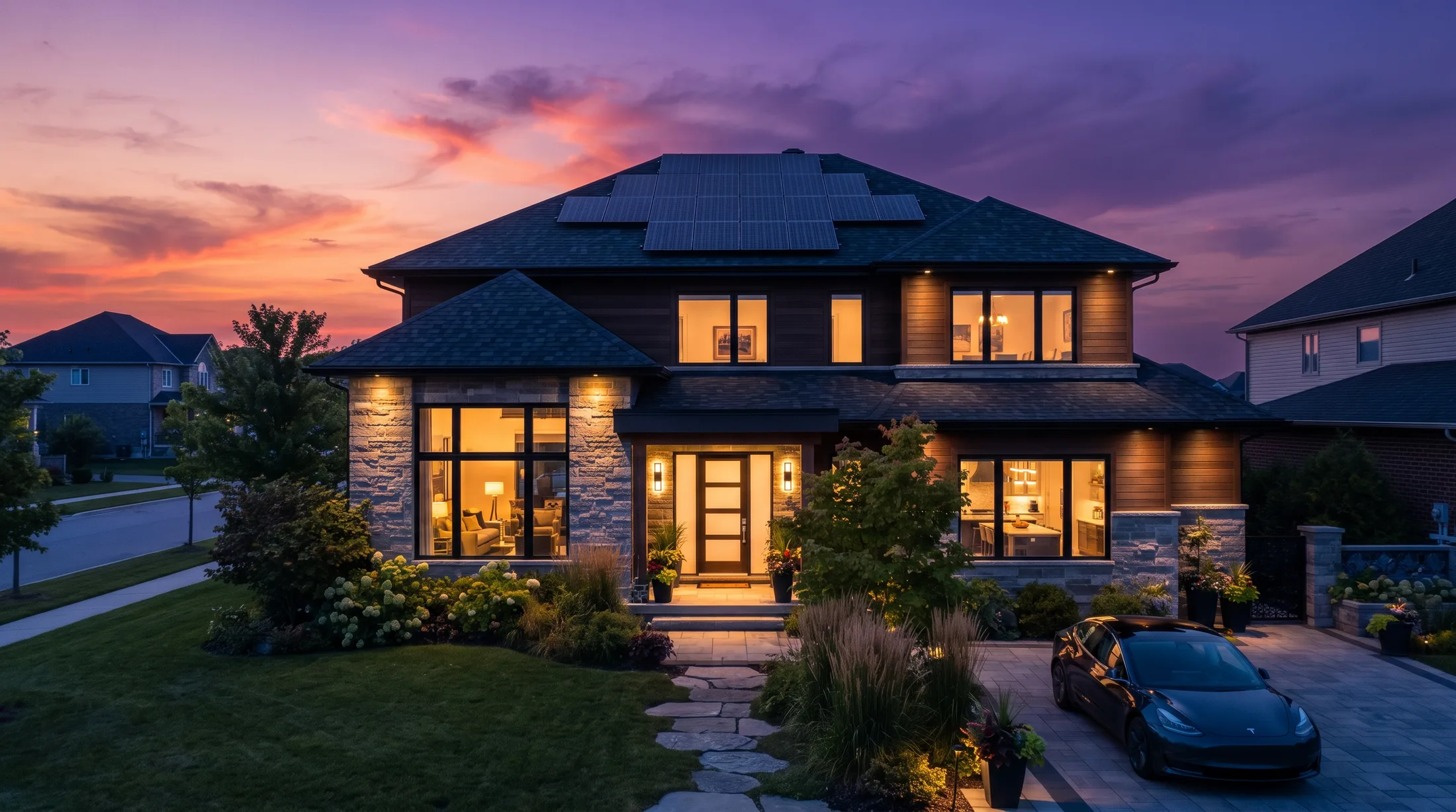 Modern suburban home with rooftop solar panels at sunset