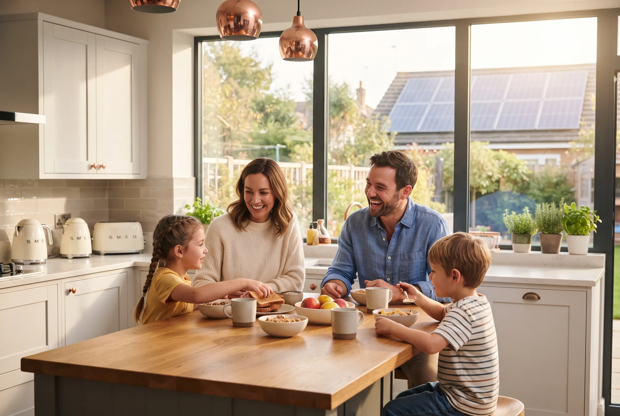 Family sharing breakfast in a sunlit kitchen with rooftop solar visible through the window