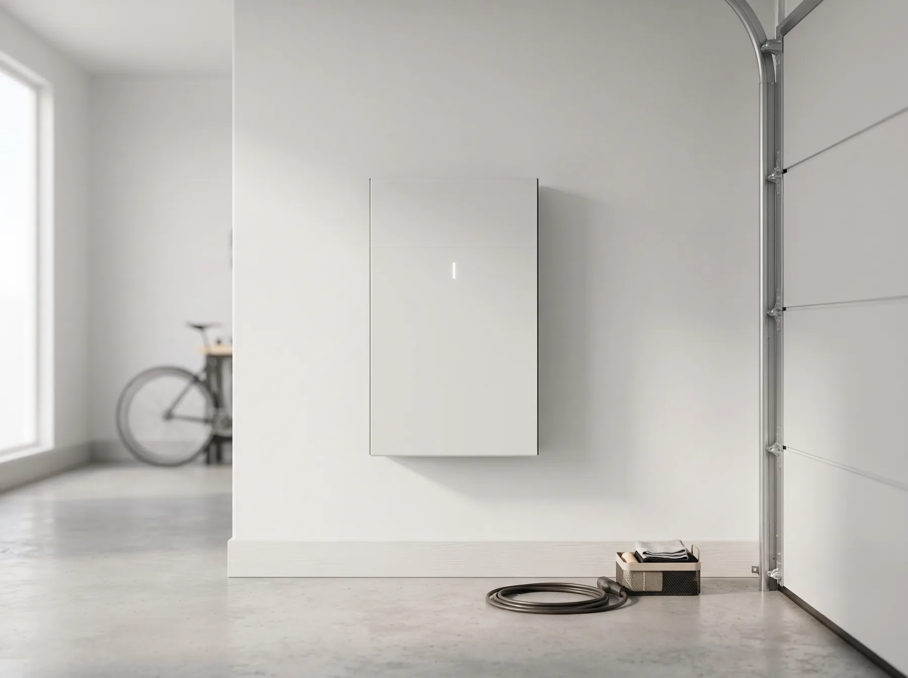 Modern white home battery mounted on a clean garage wall