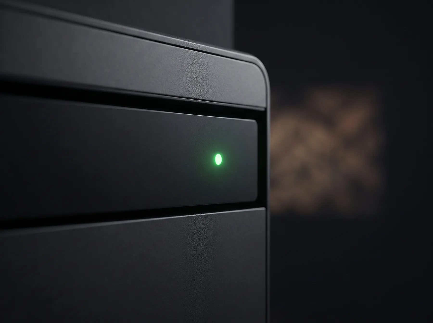 Close view of a home battery with a green status light