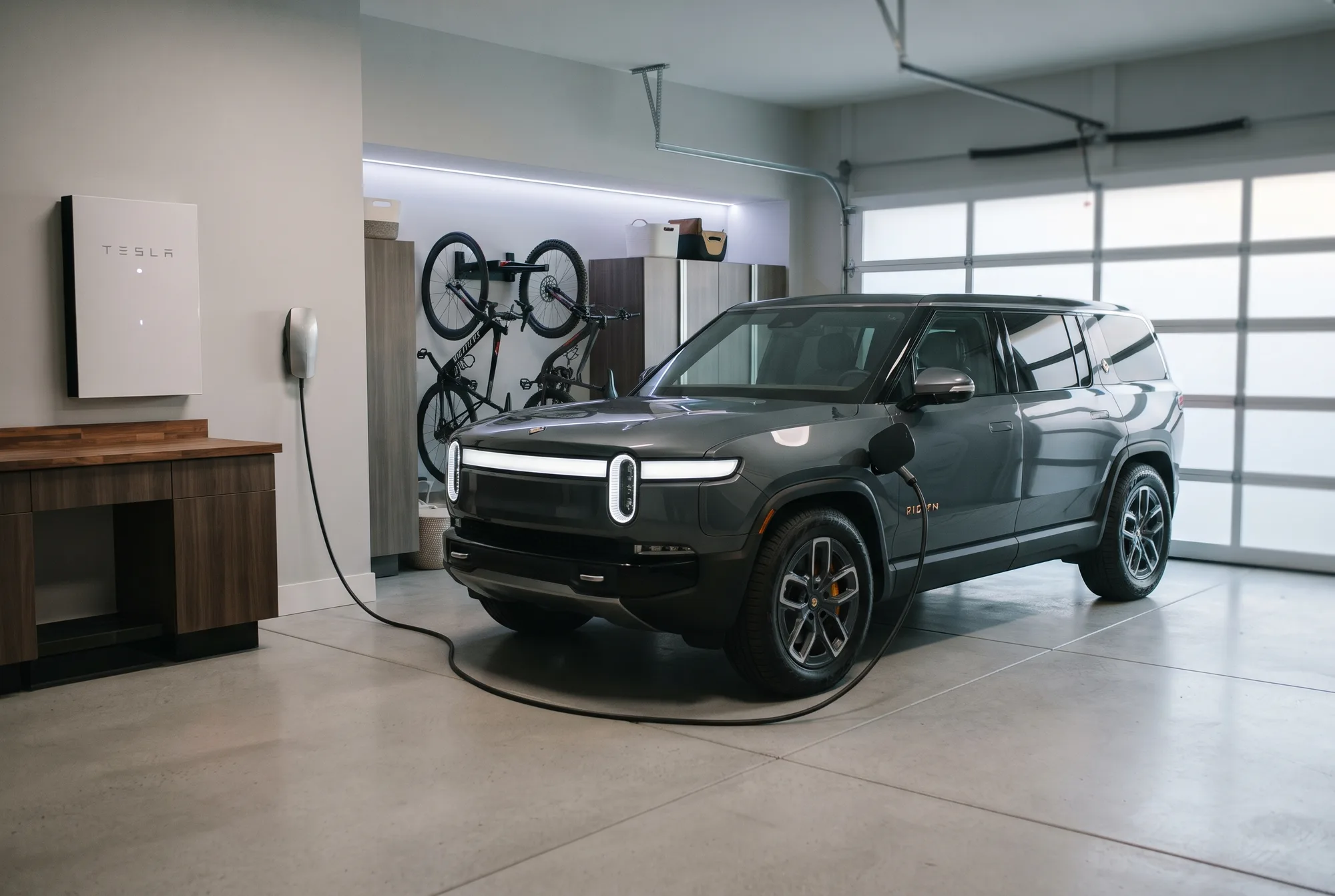Electric SUV charging in a home garage beside a wall-mounted battery